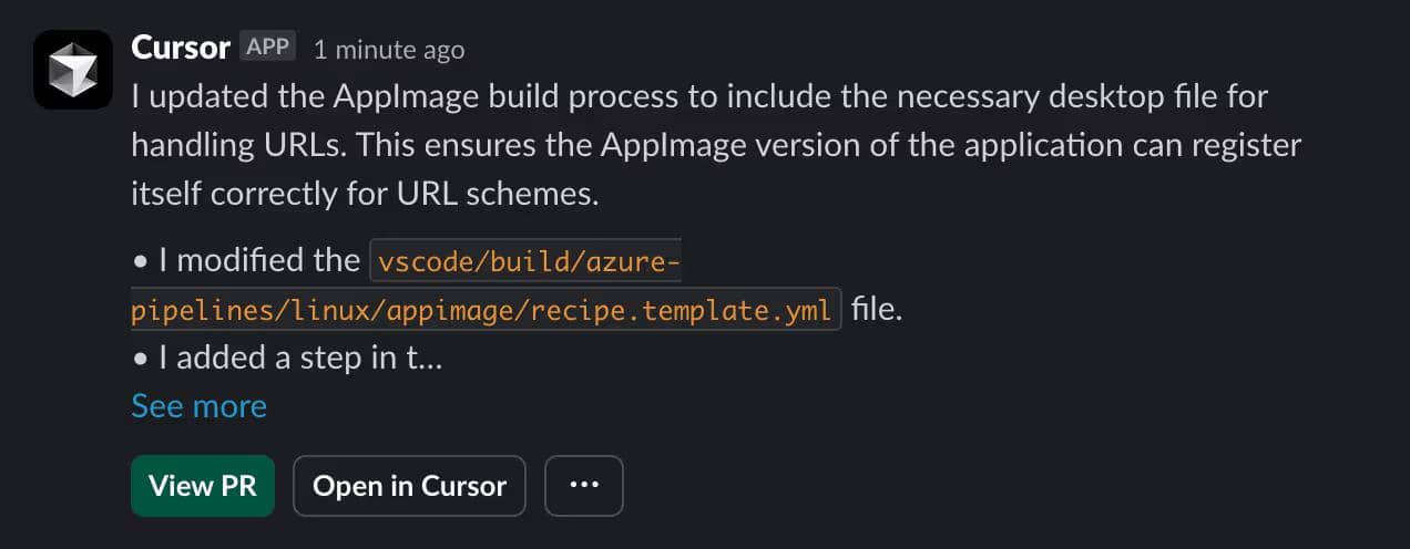 An image showing a Slack interface where a team is collaborating with the Cursor Agent. The interface displays a conversation with messages exchanged between team members and the Cursor Agent, indicating a seamless integration for team collaboration.