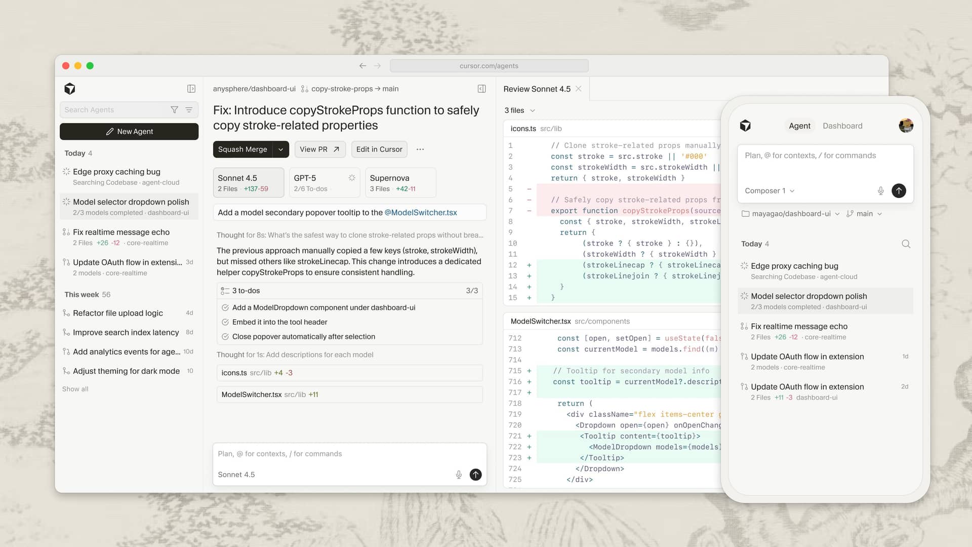 A desktop code review and task management application beside its mobile counterpart.